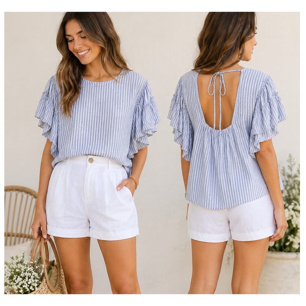 Anthropologie Pilcro Sybil Striped Seersucker Blue Ruffle Blouse Petite S